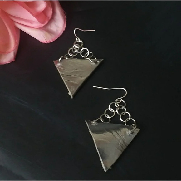 Metallic Leather Triangle Geometric Drop Earrings - Picture 3 of 4